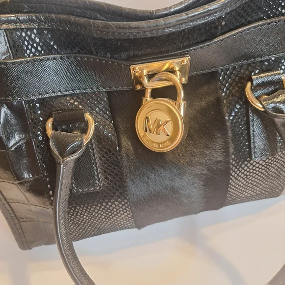 Michael Kors  Mixed Media Haircalf Black Leather Shoulder Bag with Gold Details - Picture 5 of 14